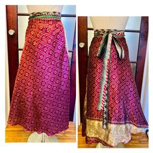 2000s Y2k Sari Wrap Skirt Kantha Reversible Mixed Print India Indian Boho Hippie